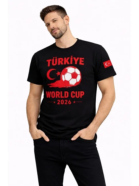 Erkek Türkiye World Cup 2026 Baskılı Tişört Futbol Temalı Forma T-shirt - Siyah