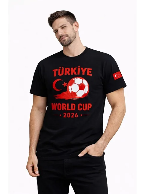 Erkek Türkiye World Cup 2026 Baskılı Tişört Futbol Temalı Forma T-shirt - Siyah