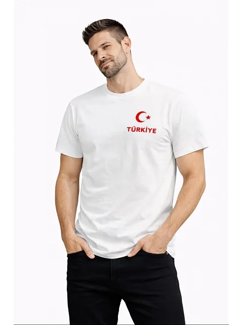 Erkek Türkiye Ay Yıldız Baskılı Taraftar Forma T-shirt - Beyaz Erkek Türkiye Ay Yıldız Baskılı Taraftar Forma T-shirt - Beyaz