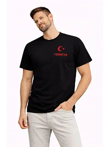Erkek Türkiye Ay Yıldız Baskılı Taraftar Forma T-shirt - Siyah