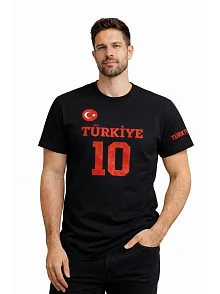 Erkek Türkiye Ay Yıldız Baskılı 10 Numara Forma Tişört Taraftar T-shirt - Siyah