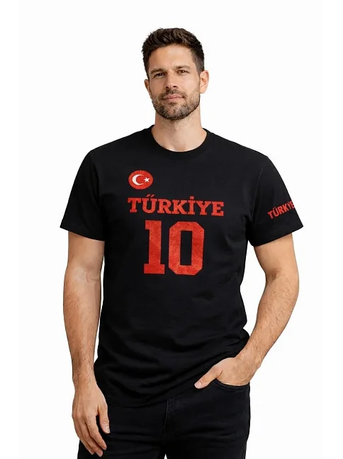 Erkek Türkiye Ay Yıldız Baskılı 10 Numara Forma Tişört Taraftar T-shirt - Siyah Erkek Türkiye Ay Yıldız Baskılı 10 Numara Forma Tişört Taraftar T-shirt - Siyah