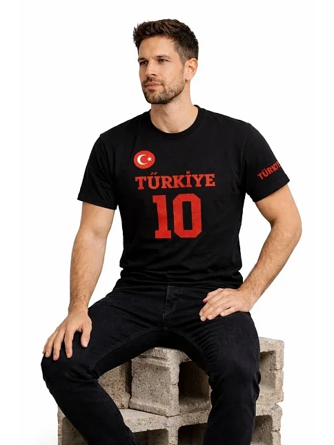 Erkek Türkiye Ay Yıldız Baskılı 10 Numara Forma Tişört Taraftar T-shirt - Siyah Erkek Türkiye Ay Yıldız Baskılı 10 Numara Forma Tişört Taraftar T-shirt - Siyah