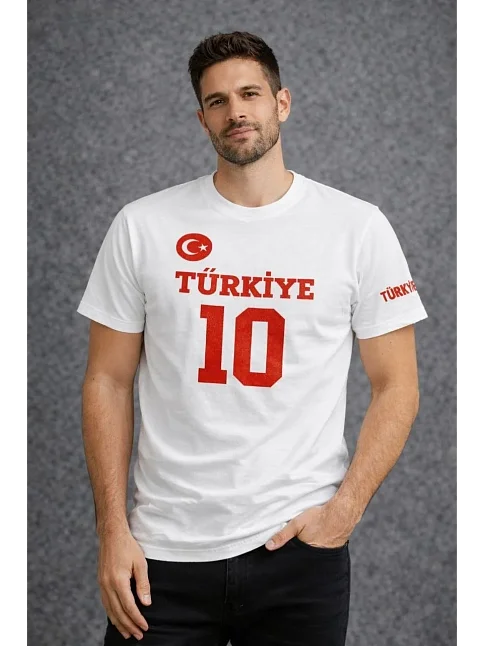 Erkek Türkiye Ay Yıldız Baskılı 10 Numara Forma Tişört Taraftar T-shirt - Beyaz Erkek Türkiye Ay Yıldız Baskılı 10 Numara Forma Tişört Taraftar T-shirt - Beyaz
