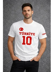 Erkek Türkiye Ay Yıldız Baskılı 10 Numara Forma Tişört Taraftar T-shirt - Beyaz
