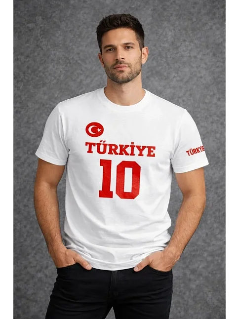 Erkek Türkiye Ay Yıldız Baskılı 10 Numara Forma Tişört Taraftar T-shirt - Beyaz Erkek Türkiye Ay Yıldız Baskılı 10 Numara Forma Tişört Taraftar T-shirt - Beyaz