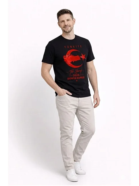 Erkek Türkiye Ay Yıldız Baskılı Taraftar Forma T-shirt - Siyah Erkek Türkiye Ay Yıldız Baskılı Taraftar Forma T-shirt - Siyah