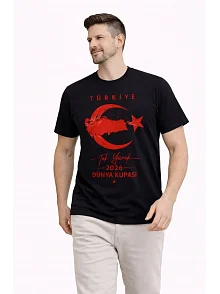 Erkek Türkiye Ay Yıldız Baskılı Taraftar Forma T-shirt - Siyah