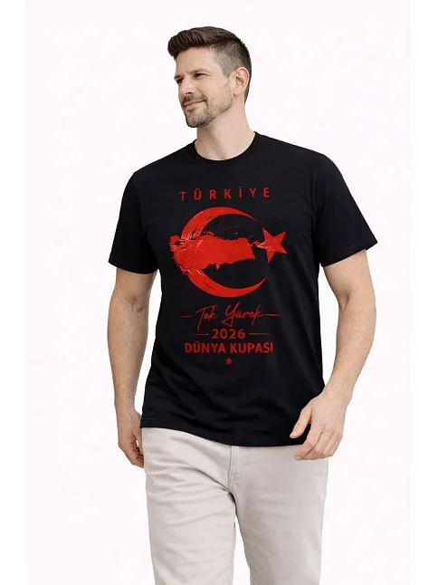 Erkek Türkiye Ay Yıldız Baskılı Taraftar Forma T-shirt - Siyah Erkek Türkiye Ay Yıldız Baskılı Taraftar Forma T-shirt - Siyah