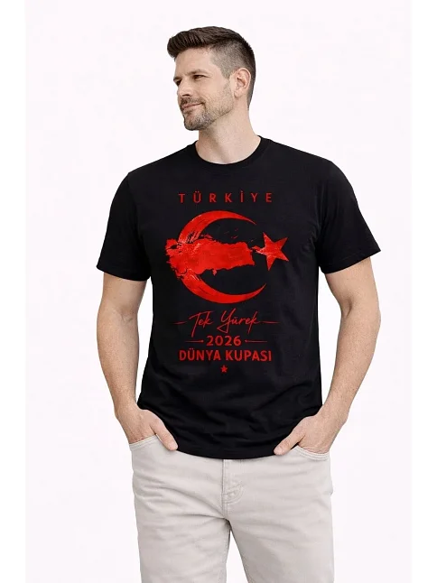 Erkek Türkiye Ay Yıldız Baskılı Taraftar Forma T-shirt - Siyah Erkek Türkiye Ay Yıldız Baskılı Taraftar Forma T-shirt - Siyah