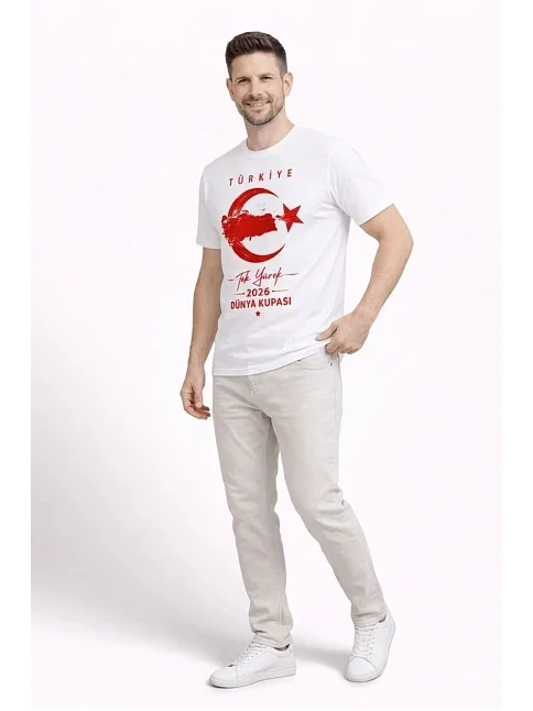 Erkek Türkiye Ay Yıldız Baskılı Taraftar Forma T-shirt - Beyaz Erkek Türkiye Ay Yıldız Baskılı Taraftar Forma T-shirt - Beyaz