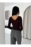Kadın Dantel Detaylı V Yaka Arkası V Yaka Kaşmir Dokulu Uzun Kollu Bluz - Vişne Çürüğü