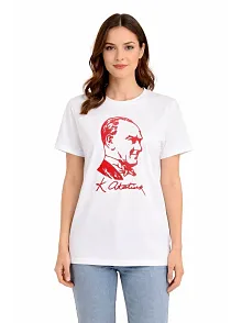 Kadın Atatürk Baskılı Tişört Kısa Kollu Bisiklet Yaka T-shirt - Beyaz