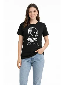 Kadın Atatürk Baskılı Tişört Kısa Kollu Bisiklet Yaka T-shirt - Siyah