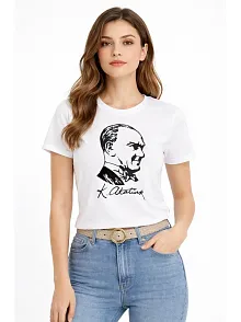 Kadın Atatürk Baskılı Tişört Kısa Kollu Bisiklet Yaka T-shirt - Beyaz