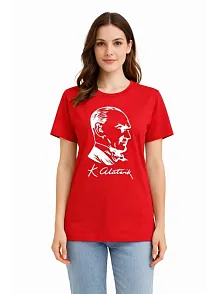 Kadın Atatürk Baskılı Tişört Kısa Kollu Bisiklet Yaka T-shirt - Kırmızı