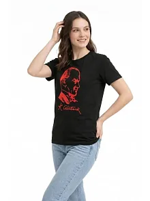 Kadın Atatürk Baskılı Tişört Kısa Kollu Bisiklet Yaka T-shirt - Siyah