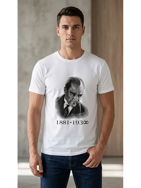 Erkek Atatürk Baskılı Tişört Kısa Kollu Bisiklet Yaka T-shirt - Beyaz Erkek Atatürk Baskılı Tişört Kısa Kollu Bisiklet Yaka T-shirt - Beyaz