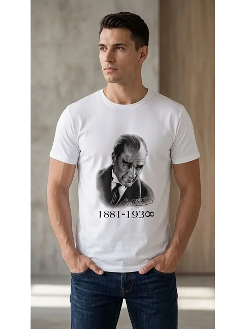 Erkek Atatürk Baskılı Tişört Kısa Kollu Bisiklet Yaka T-shirt - Beyaz Erkek Atatürk Baskılı Tişört Kısa Kollu Bisiklet Yaka T-shirt - Beyaz