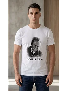 Erkek Atatürk Baskılı Tişört Kısa Kollu Bisiklet Yaka T-shirt - Beyaz