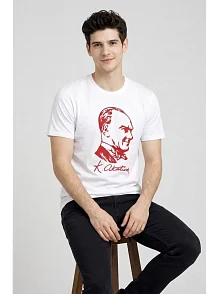 Erkek Atatürk Baskılı Tişört Kısa Kollu Bisiklet Yaka T-shirt - Beyaz