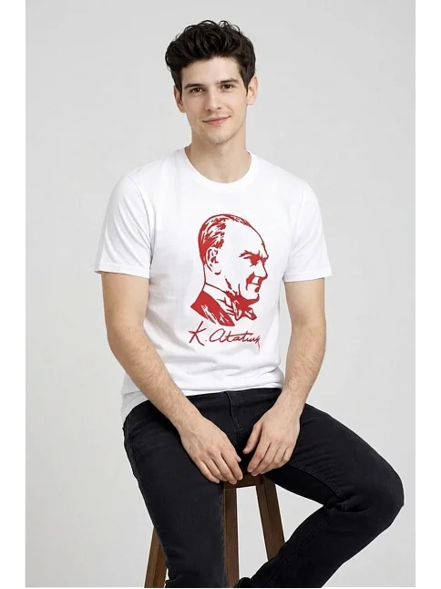 Erkek Atatürk Baskılı Tişört Kısa Kollu Bisiklet Yaka T-shirt - Beyaz Erkek Atatürk Baskılı Tişört Kısa Kollu Bisiklet Yaka T-shirt - Beyaz