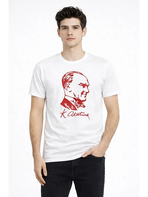 Erkek Atatürk Baskılı Tişört Kısa Kollu Bisiklet Yaka T-shirt - Beyaz Erkek Atatürk Baskılı Tişört Kısa Kollu Bisiklet Yaka T-shirt - Beyaz