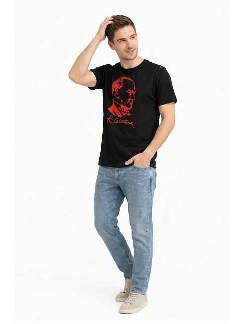 Erkek Atatürk Baskılı Tişört Kısa Kollu Bisiklet Yaka T-shirt - Siyah Erkek Atatürk Baskılı Tişört Kısa Kollu Bisiklet Yaka T-shirt - Siyah