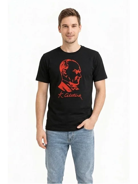 Erkek Atatürk Baskılı Tişört Kısa Kollu Bisiklet Yaka T-shirt - Siyah Erkek Atatürk Baskılı Tişört Kısa Kollu Bisiklet Yaka T-shirt - Siyah