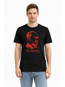 Erkek Atatürk Baskılı Tişört Kısa Kollu Bisiklet Yaka T-shirt - Siyah