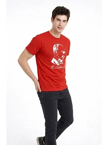Erkek Atatürk Baskılı Tişört Kısa Kollu Bisiklet Yaka T-shirt - Kırmızı