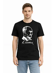 Erkek Atatürk Baskılı Tişört Kısa Kollu Bisiklet Yaka T-shirt - Siyah