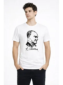 Erkek Atatürk Baskılı Tişört Kısa Kollu Bisiklet Yaka T-shirt - Beyaz