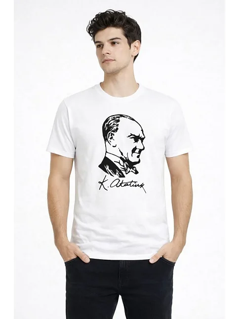 Erkek Atatürk Baskılı Tişört Kısa Kollu Bisiklet Yaka T-shirt - Beyaz Erkek Atatürk Baskılı Tişört Kısa Kollu Bisiklet Yaka T-shirt - Beyaz