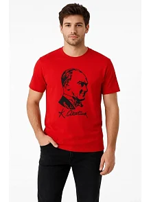 Erkek Atatürk Baskılı Tişört Kısa Kollu Bisiklet Yaka T-shirt - Kırmızı