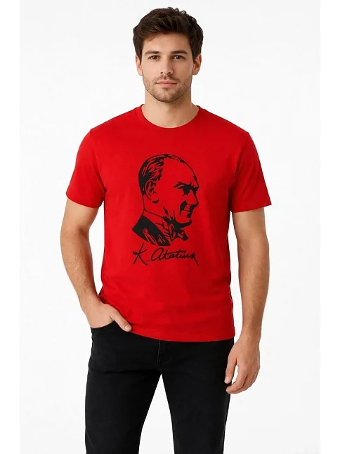 Erkek Atatürk Baskılı Tişört Kısa Kollu Bisiklet Yaka T-shirt - Kırmızı Erkek Atatürk Baskılı Tişört Kısa Kollu Bisiklet Yaka T-shirt - Kırmızı