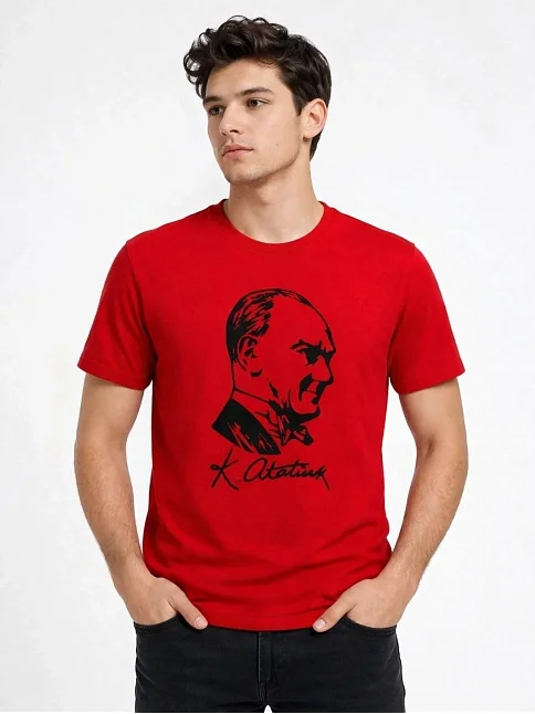 Erkek Atatürk Baskılı Tişört Kısa Kollu Bisiklet Yaka T-shirt - Kırmızı Erkek Atatürk Baskılı Tişört Kısa Kollu Bisiklet Yaka T-shirt - Kırmızı