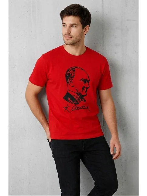 Erkek Atatürk Baskılı Tişört Kısa Kollu Bisiklet Yaka T-shirt - Kırmızı Erkek Atatürk Baskılı Tişört Kısa Kollu Bisiklet Yaka T-shirt - Kırmızı
