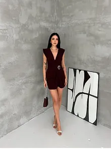 Kadın Kruvaze Drapeli Tokalı Mini Elbise Şık Gece Davet Abiye - Kahverengi