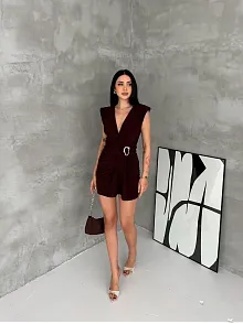 Kadın Kruvaze Drapeli Tokalı Mini Elbise Şık Gece Davet Abiye - Kahverengi