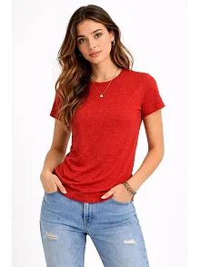 Kadın Flam Kumaş Melanj Dokulu Regular Fit Tişört Bisiklet Yaka Yazlık T-shirt - Kiremit