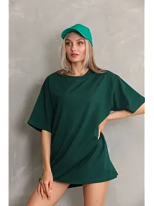 Kadın Regular Fit Tişört Bisiklet Yaka Yazlık Kısa Kol Basıc T-shirt - Yeşil