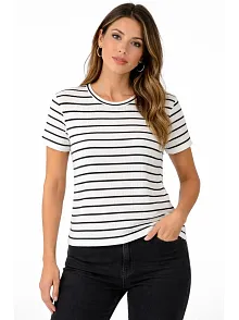 Kadın Çizgili Yazlık Triko T-shirt Bisiklet Yaka Rahat Kalıp Tişört - Beyaz