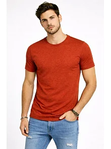 Erkek Flam Kumaş Melanj Dokulu Regular Fit Tişört Bisiklet Yaka Yazlık T-shirt - Kiremit