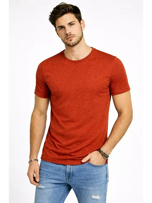 Erkek Flam Kumaş Melanj Dokulu Regular Fit Tişört Bisiklet Yaka Yazlık T-shirt - Kiremit Erkek Flam Kumaş Melanj Dokulu Regular Fit Tişört Bisiklet Yaka Yazlık T-shirt - Kiremit