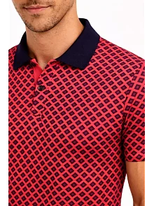 Erkek Pike Kumaş Polo Yaka Desenli Tişört Kısa Kol Yazlık T-shirt - Kırmızı