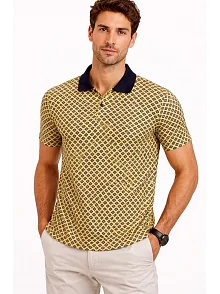 Erkek Pike Kumaş Polo Yaka Desenli Tişört Kısa Kol Yazlık T-shirt - Sarı