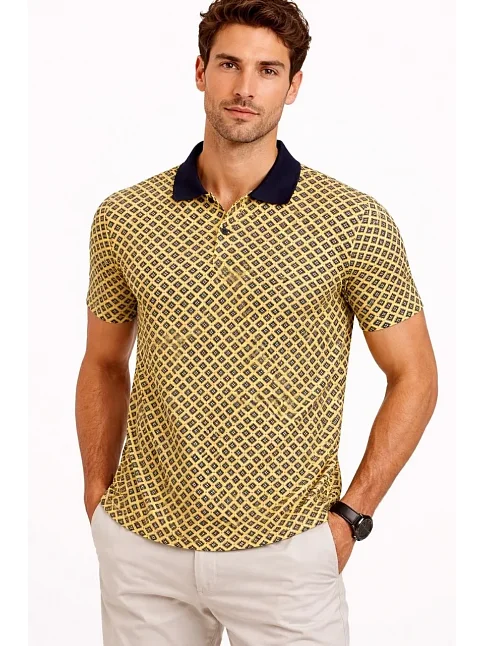 Erkek Pike Kumaş Polo Yaka Desenli Tişört Kısa Kol Yazlık T-shirt - Sarı Erkek Pike Kumaş Polo Yaka Desenli Tişört Kısa Kol Yazlık T-shirt - Sarı