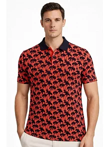 Erkek Pike Kumaş Polo Yaka Palmiye Desenli Tişört Kısa Kol Yazlık T-shirt - Kırmızı