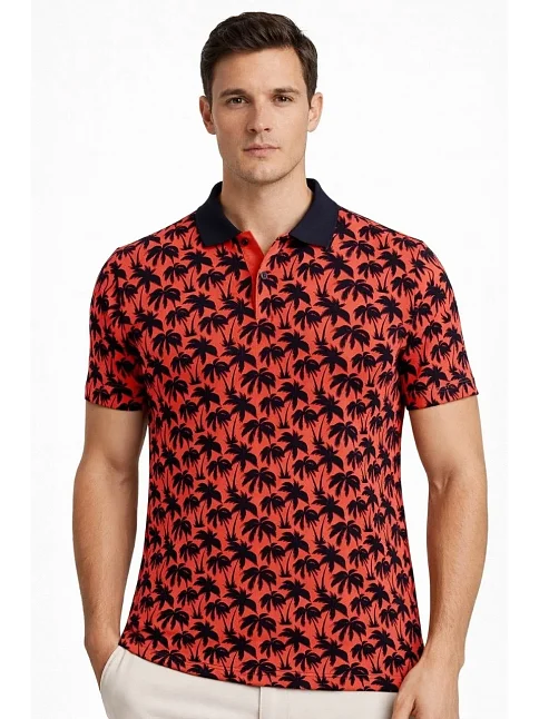 Erkek Pike Kumaş Polo Yaka Palmiye Desenli Tişört Kısa Kol Yazlık T-shirt - Kırmızı Erkek Pike Kumaş Polo Yaka Palmiye Desenli Tişört Kısa Kol Yazlık T-shirt - Kırmızı